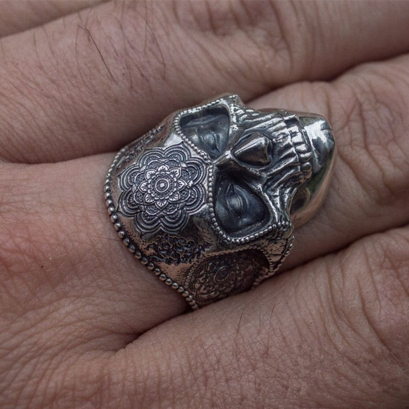 Unique Silver Color 316L Stainless Steel Heavy Sugar Skull Ring