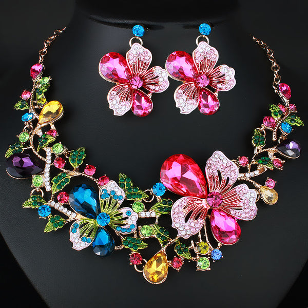 Color Crystal Rhinestones Necklace Earrings set