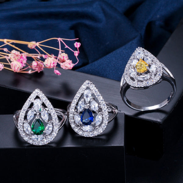 3 Color Ladies Choice Yellow Crystal Women Engagement Party Big Pear Cut Rings