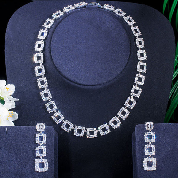 White Square Hollow Cut CZ Geometric Long Hanging Earrings and Chain Necklaces  Jewelry Sets