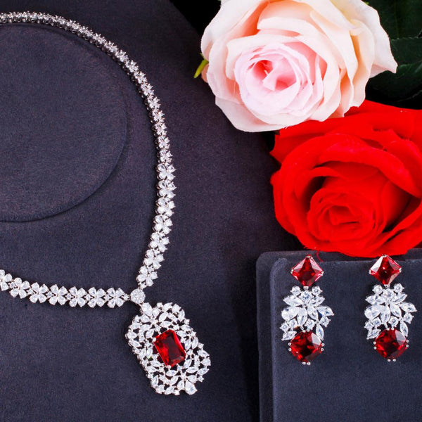 Vintage Shiny Red CZ Crystal Big Flower Drop Earrings and Necklace Luxury Wedding Jewelry Sets