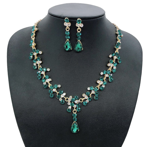 Women Gold Color Rhinestone Necklace Long Earrings Set