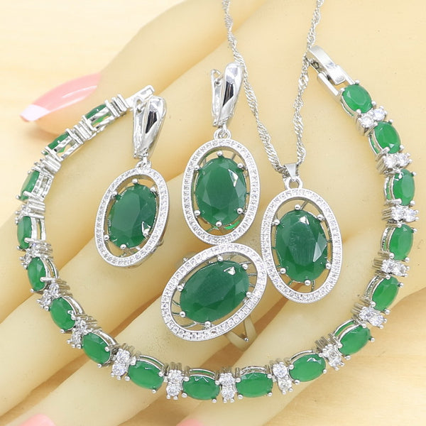 New Green Semi-precious Silver Color Jewelry Sets