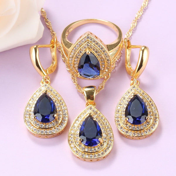 Water Drop Costume Blue Cubic Zirconia Gold Plated Jewelry Sets