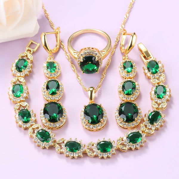 Gold-Color Green Cubic Zirconia Necklace Long Earrings Bracelet And Ring Sets