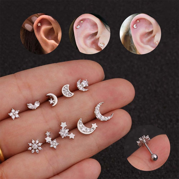 Zircon Mini Earrings Flower Shell Moon Star Stainless Steel Stud Earrings Set