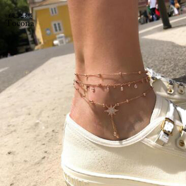 Boho Gold Metal Chain Water Drops Crystal Pendant Layered Anklet