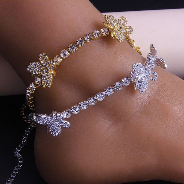 Cute Butterfly Charm Rhinestone Tennis Anklet for Women