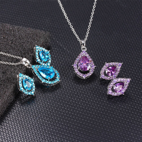 Women Necklace Earrings Silver Plated Drop Cubic Zirconia Jewelry Set