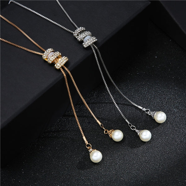 Rhinestone Crystal Pearl Long Chain Necklace