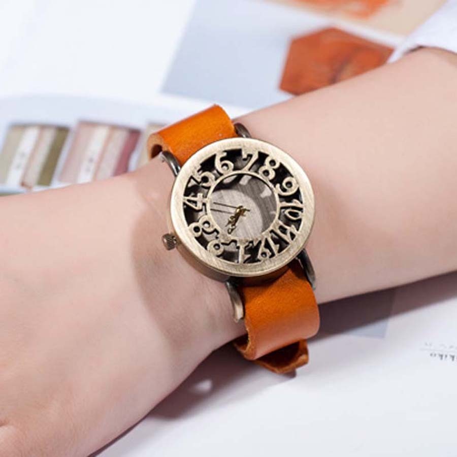 Vintage Digital Hollow Out Genuine Cow Leather Strap Watches