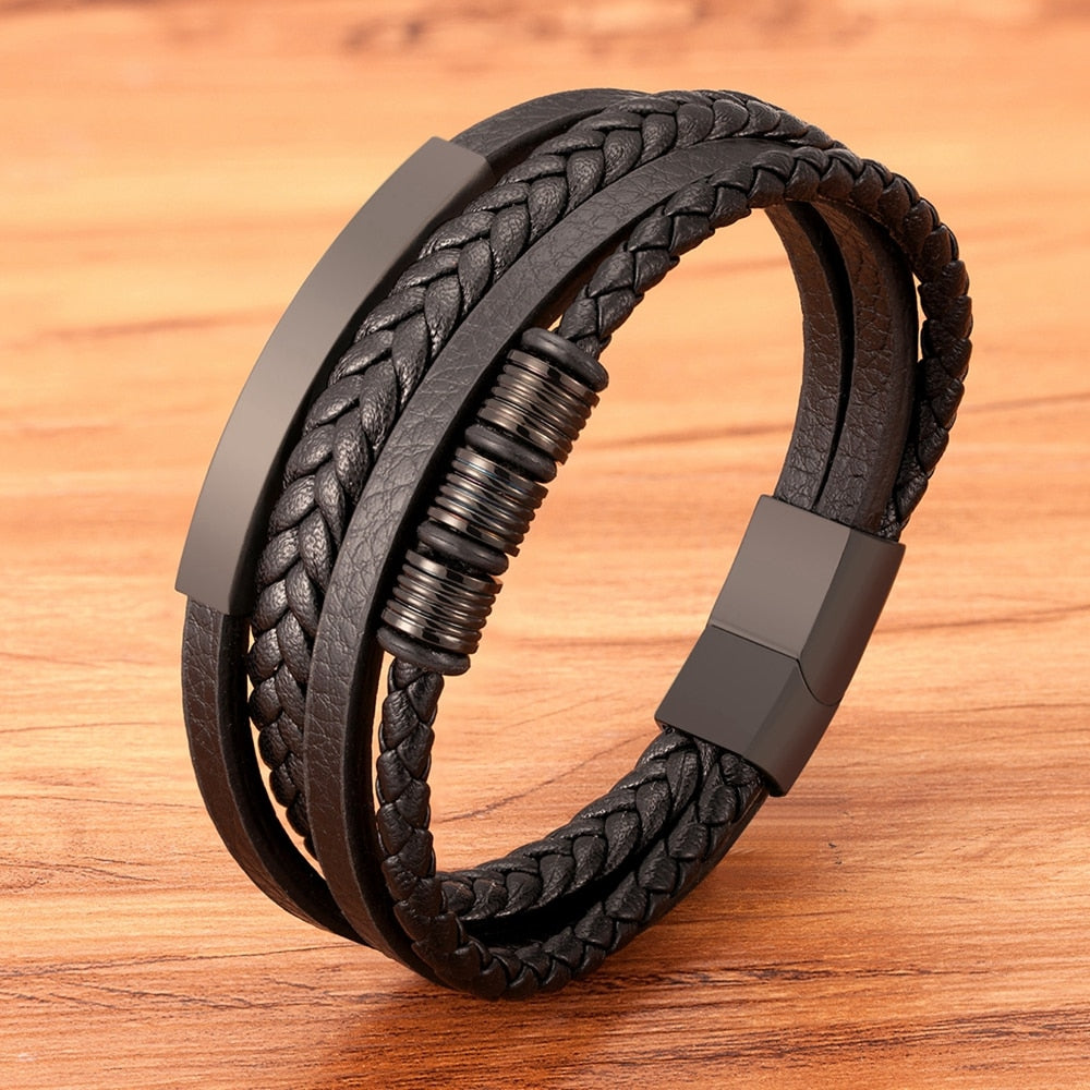 New Stainless Steel Black Multilayer Genuine Leather Bracelet For Men ...