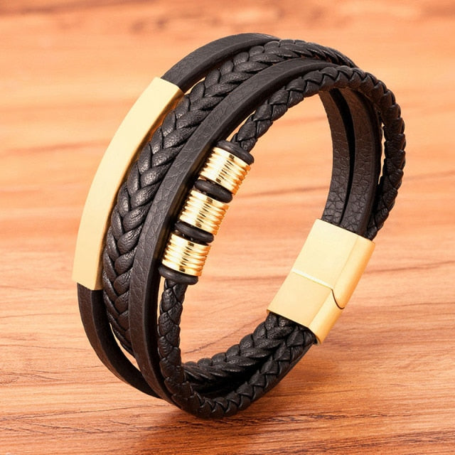 New Stainless Steel Black Multilayer Genuine Leather Bracelet For Men ...
