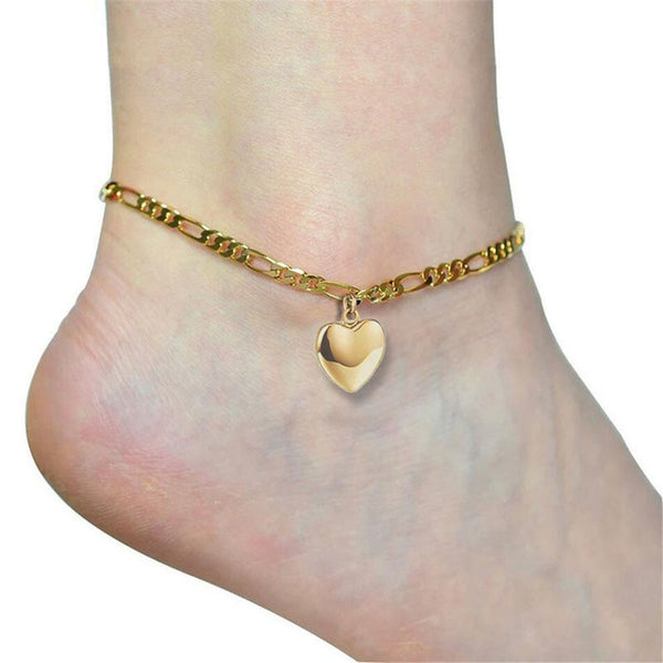 Gold Color Stainless Steel Figaro Chain With Heart Pendant Anklets for Women