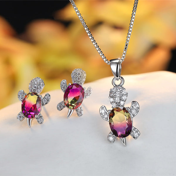 Rose Red Yellow Oval Zircon Turtle Earrings and Necklaces Set