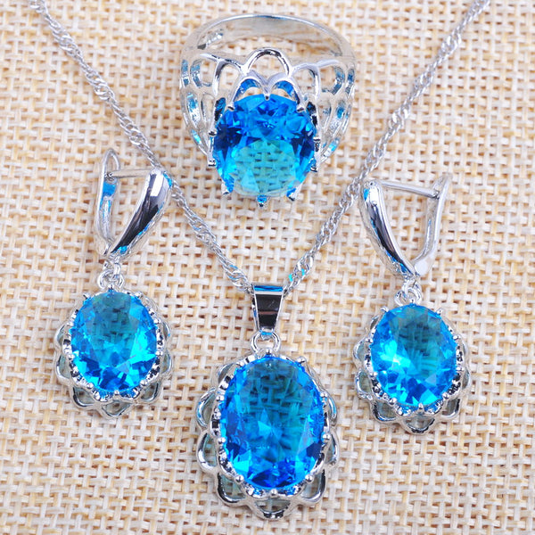 Fashion Oval Sky Blue Zirconia Pendant Earrings Ring Jewelry Sets