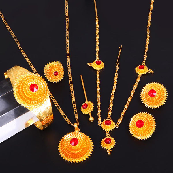 Ethiopian Gold Color Hair Piece Pendant Necklace Earings Ring Hair Jewelry Set