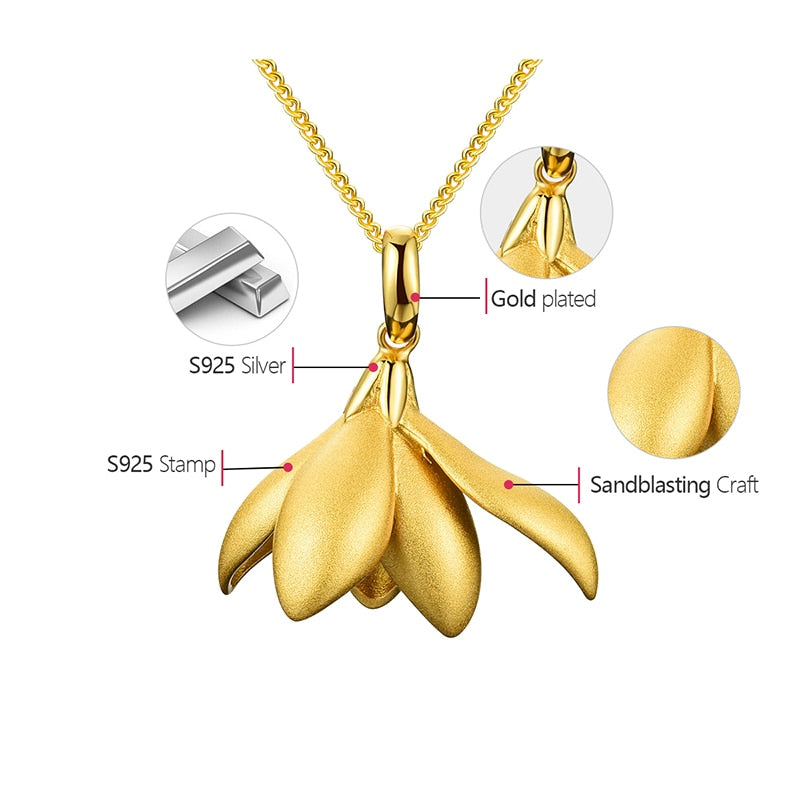 18K Gold Elegant Magnolia Flower Pendant without Necklace Real 925 Sterling Silver