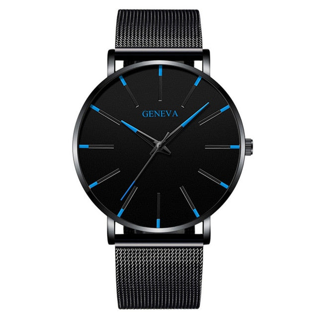 Blue Stainless Steel Mesh Belt Watches Man Business Casual Quartz Wrist Watch