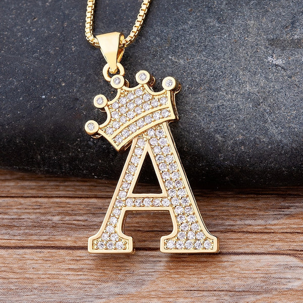 Luxury Copper Zircon A-Z Crown Alphabet Pendant