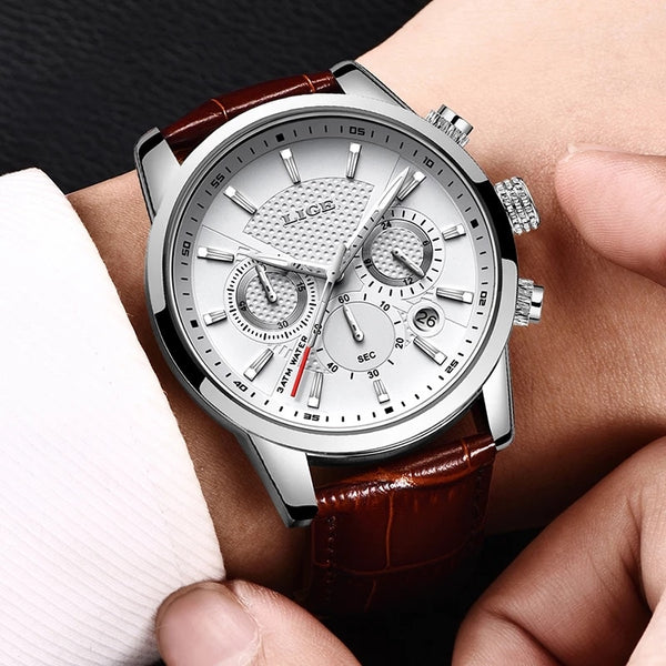 Leather Chronograph Waterproof Sport Automatic Date Quartz Watch