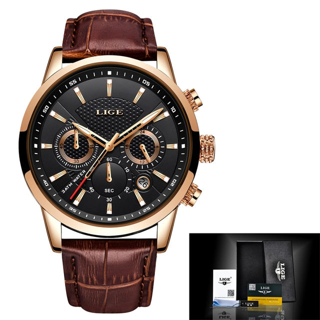 Leather Chronograph Waterproof Sport Automatic Date Quartz Watch