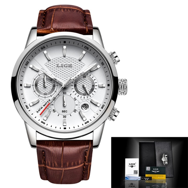 Leather Chronograph Waterproof Sport Automatic Date Quartz Watch