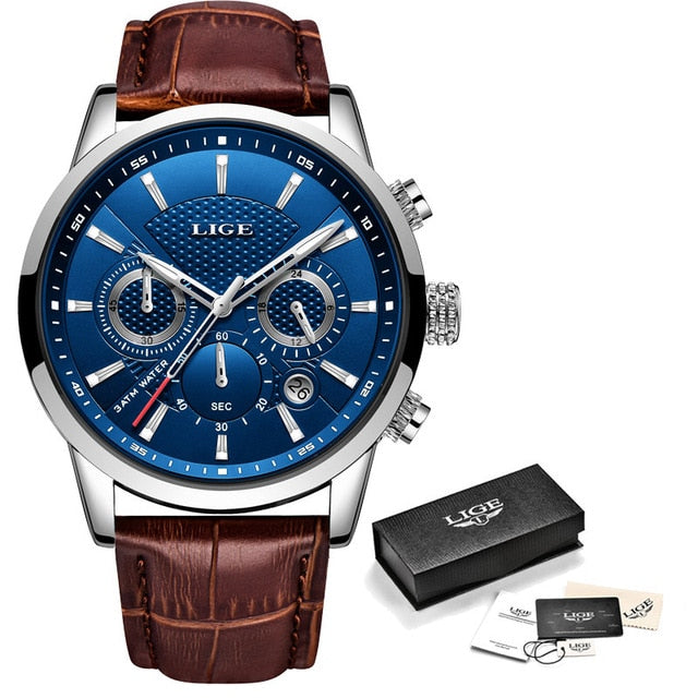 Leather Chronograph Waterproof Sport Automatic Date Quartz Watch