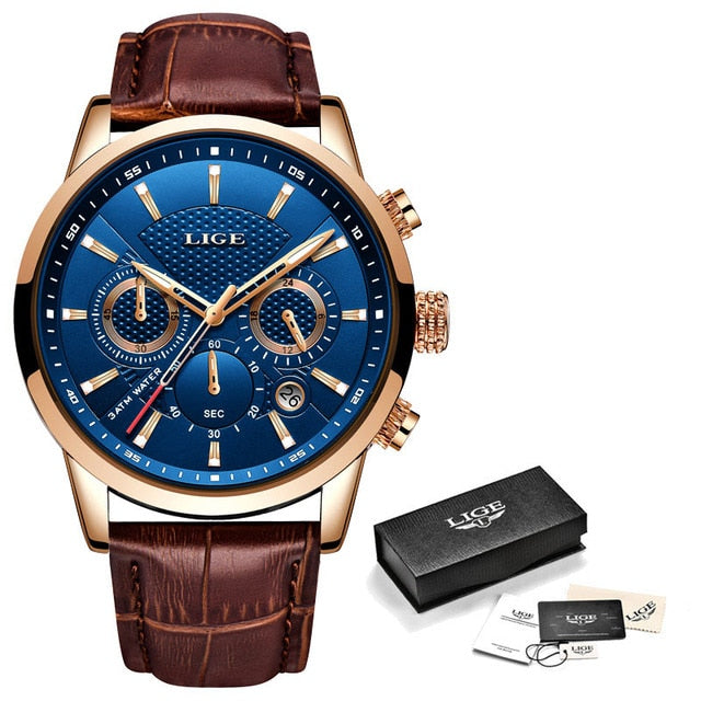 Leather Chronograph Waterproof Sport Automatic Date Quartz Watch