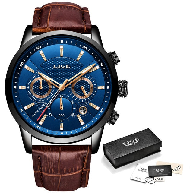 Leather Chronograph Waterproof Sport Automatic Date Quartz Watch