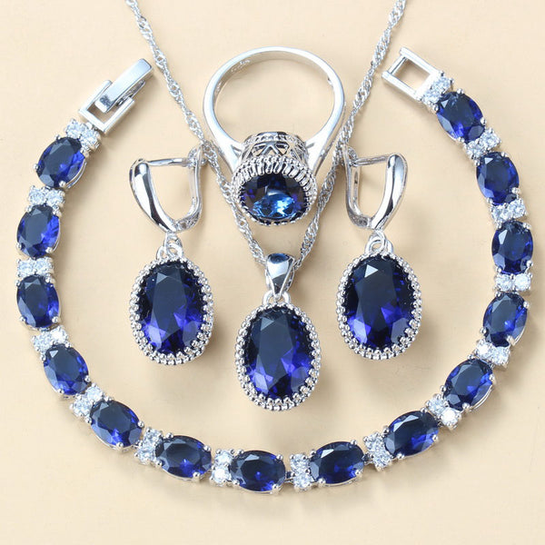 Classic Blue Zircon Bridal  Silver Color Jewelry Sets