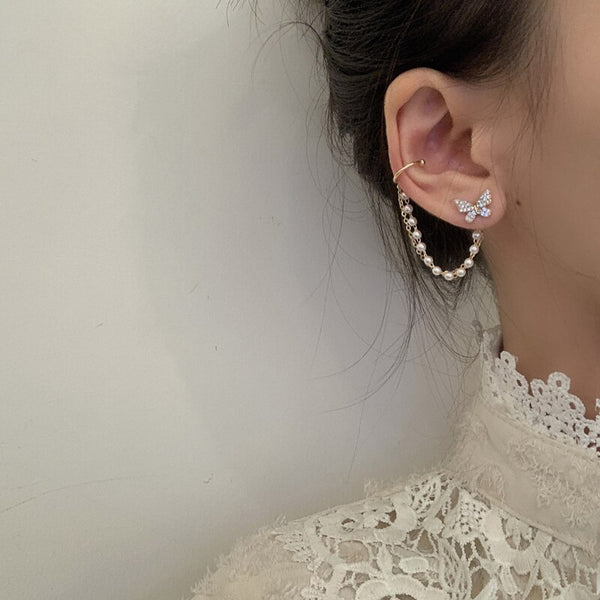 Asymmetric Butterfly Pearl Chain Tassel Ear Bones Stud Earrings