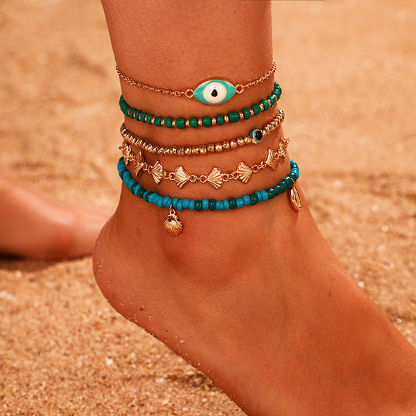 Lucky Eye Shell Turkish Evil Eye Anklet Set