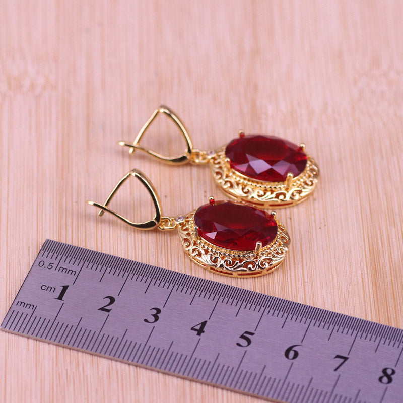 Luxury Style Many Colors Big Red Stone Gold Color Jewelry Set