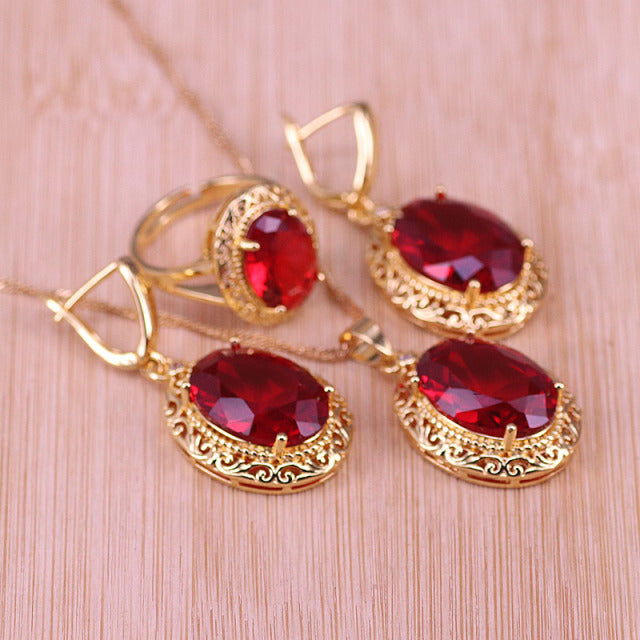 Luxury Style Many Colors Big Red Stone Gold Color Jewelry Set