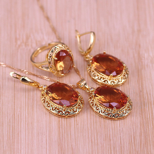 Luxury Style Many Colors Big Red Stone Gold Color Jewelry Set