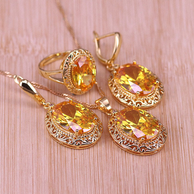 Luxury Style Many Colors Big Red Stone Gold Color Jewelry Set