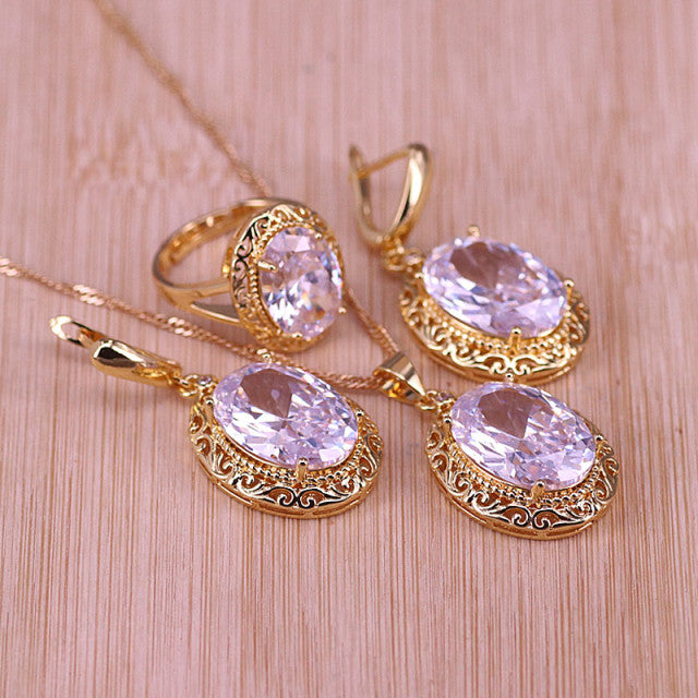 Luxury Style Many Colors Big Red Stone Gold Color Jewelry Set