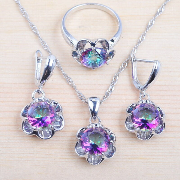 Zirconia Crystal Jewelry Set Silver Color Necklace And Earrings Ring