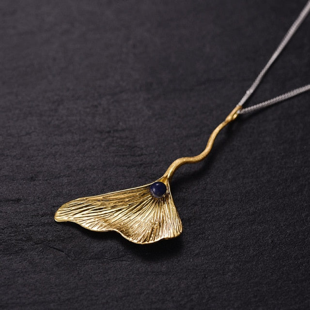 925 Sterling Silver Natural Lapis Handmade Fine Jewelry Ginkgo Leaf Pendant