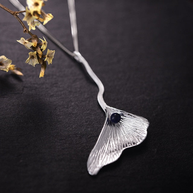 925 Sterling Silver Natural Lapis Handmade Fine Jewelry Ginkgo Leaf Pendant