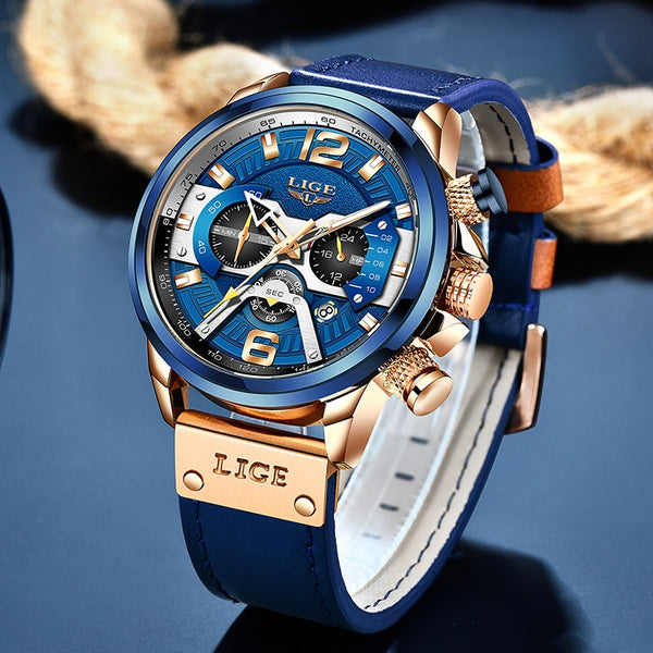 Luxury Blue Leather Chronograph Sport Watch For Men