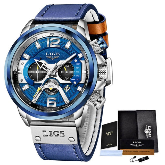 Luxury Blue Leather Chronograph Sport Watch For Men