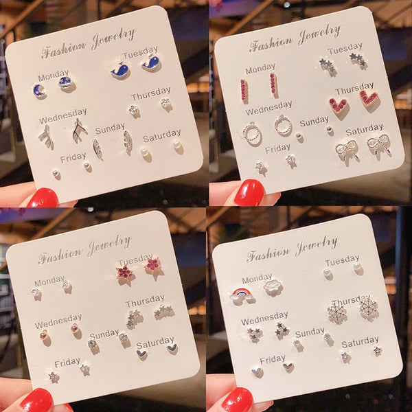 7Pairs/Set Crystal Heart Leaves Stud Earrings