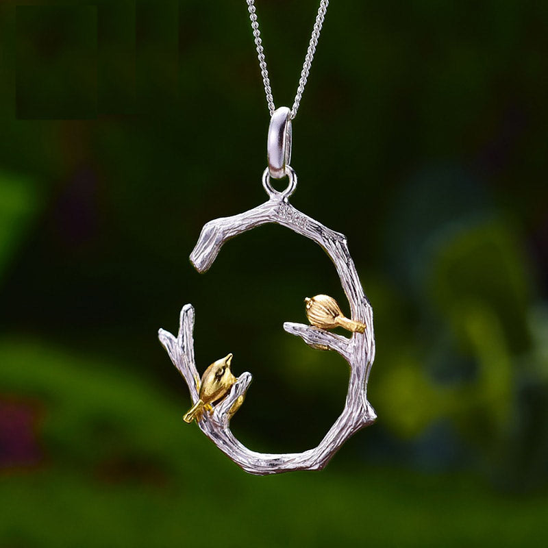 18K Gold Bird on Branch Pendant without Necklace for Women Gift