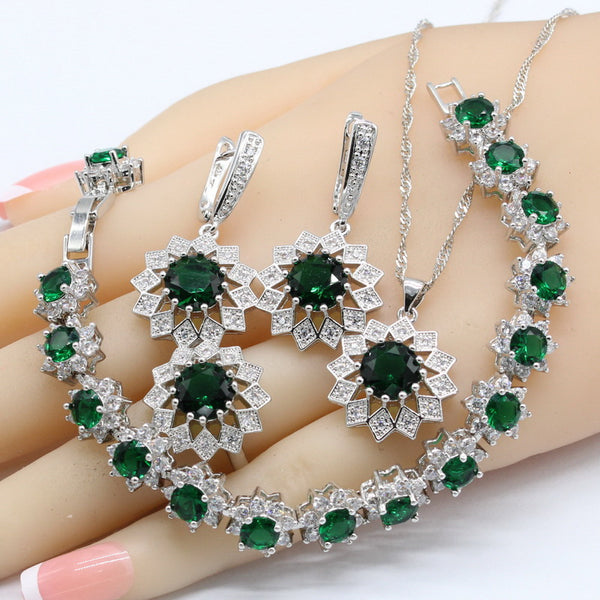 Green Crystal White Zirconia Silver Color Wedding Jewelry Sets