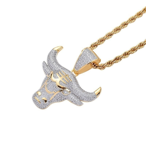 Men Hip Hop Fashion Full Rhinestone Bull Head Pendant Necklace