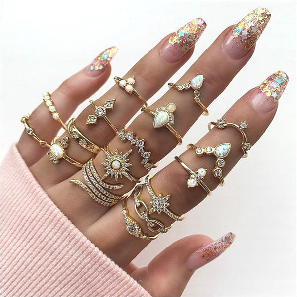 Fashion Crystal Gold color  Geometric Knuckle Rings set