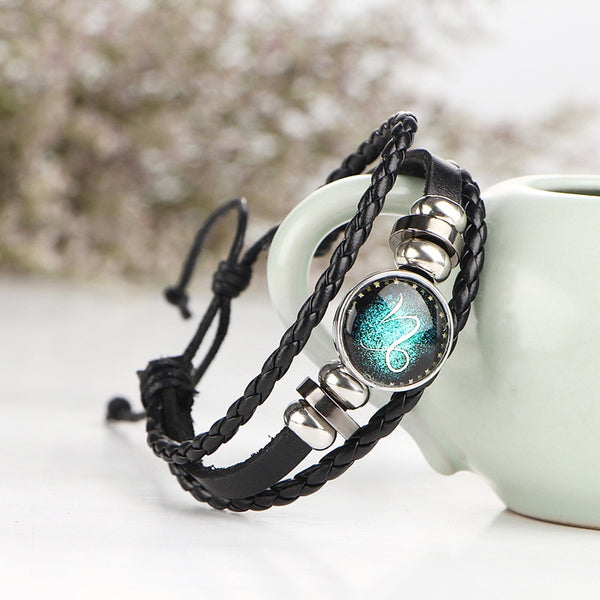 12 Constellation Zodiac Sign Black Braided Leather Bracelet