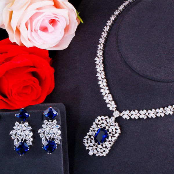 Shiny White Gold Color Royal Blue CZ Stone  Jewelry Set